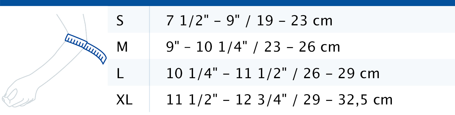 Size chart showing measurements for Actimove Arthritis Care Elbow Support
 Size chart showing measurements for Actimove Arthritis Care Elbow Support